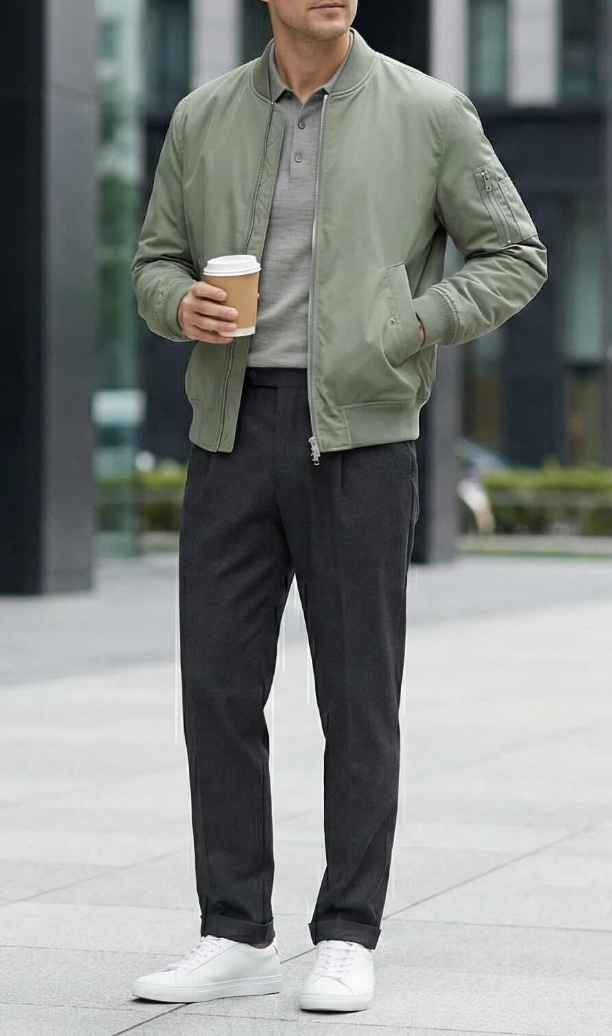 Man wearing a sage bomber, grey polo, charcoal trousers, and white sneakers holding a coffee cup.